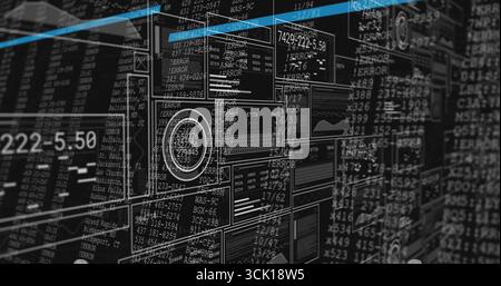 Displaying transparent panels in virtual grid, with wireframe cubes code charts glowing blue bar Stock Photo