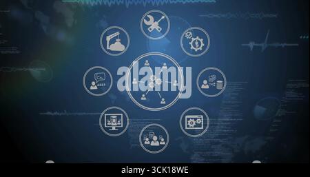 Displaying central network management icon on blue interface, with peripheral tool and gear symbols Stock Photo