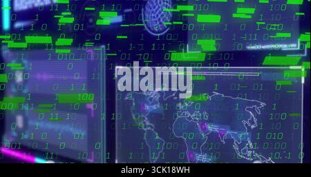 Displaying central digital data screen streaming binary code in tech control hub, showing world map Stock Photo