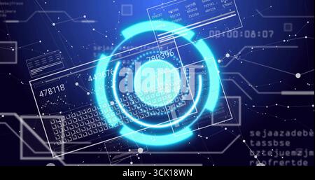 Highlighting glowing HUD rings over keyboard blueprint, with numeric readouts on digital display Stock Photo