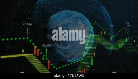 Showing planet Earth rotating in digital space with green-yellow lines, candlestick bars and labels Stock Photo