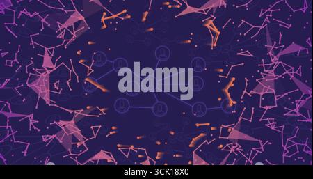 Displaying central user node glowing in digital interface, with neon blue lines, pink orange trails Stock Photo