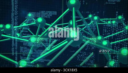 Floating neon green network structure flowing in cyberspace, with glowing nodes, rods and code text Stock Photo