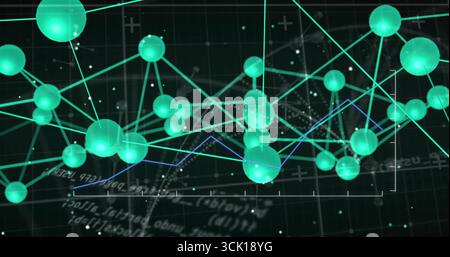 Displaying green spheres connecting via lines in grid space with pluses, formula text and blue line Stock Photo