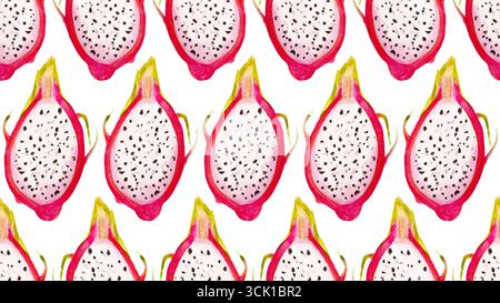 Seamless pattern with dragon fruits, pitaya slice background. Hand drawn watercolor illustration for summer romantic cover, tropical wallpaper Stock Photo