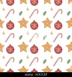 Seamless Christmas Holiday Pattern with Ornaments, Stars and Candy Canes Stock Vector