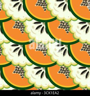 Papaya and sweetsop slices seamless botanical pattern vector illustration Stock Vector