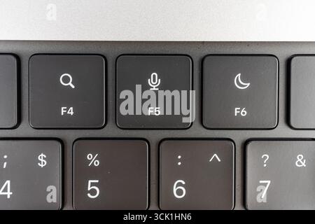 Image shows a slightly raised keyboard on a laptop, with focus on function keys and numeric keypad This could suggest wear or ergonomic design Typical Stock Photo