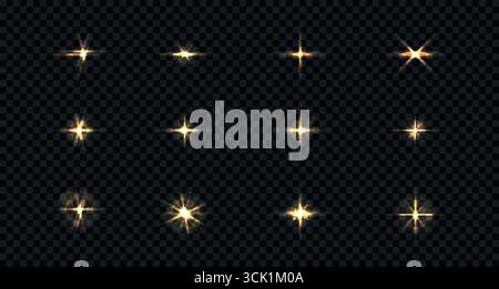 Realistic shining stars and light flashes effects. Vector illustration of glowing golden rays isolated on a transparent backdrop Stock Vector