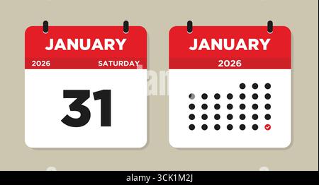 January 31 2026 Calendar Vector Illustration. 31 january calendar page. Day calendar with date January 31. Week Starts on Sunday Stock Vector