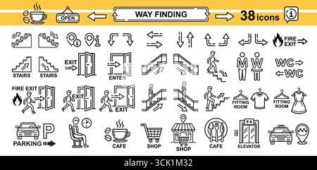 Way finding, fire exit door, stairs, escalator, elevator, arrow path direction, toilet restroom public building. Shop, parking, fitting room icon set Stock Vector
