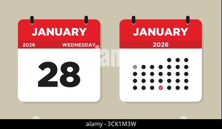January 28 2026 Calendar Vector Illustration. 28 january calendar page. Day calendar with date January 28. Week Starts on Sunday Stock Vector