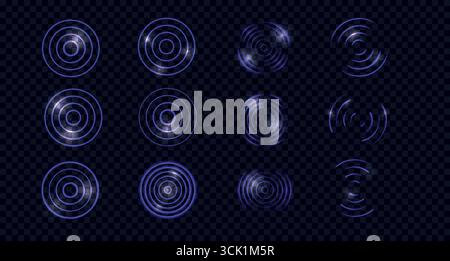 Set of purple neon radar pulses and sound waves. Vector radial and concentric light effects on a transparent background Stock Vector