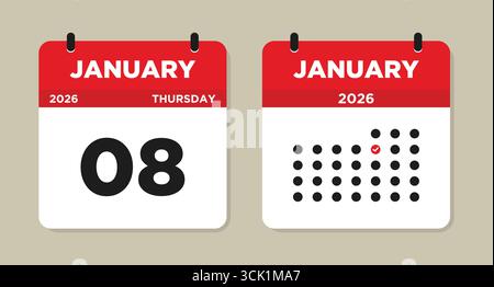 January 8 2026 Calendar Vector Illustration. 8 january calendar page. event reminder illustration. Day calendar with date January 8. Stock Vector