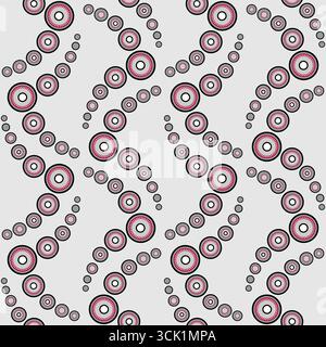 Abstract geometry seamless pattern with many circles. Wavy ornament of black red gray rings on gray background. Stylized bubble path design Stock Vector