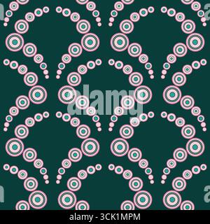 Classic geometric seamless pattern of pink circles on dark green background. Many rings composition. Tiles in the shape of an arch. For printing wallp Stock Vector