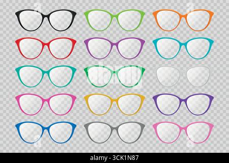 Vector Eyeglasses Frames Icon Set in Multiple Colors Cat Eye Shape Isolated. Fashion Glasses Collection, Optical Frame Design, Stylish Glasses Symbol Stock Vector