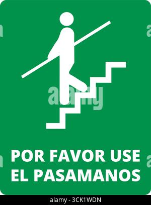 Green stairway banner with por favor use el pasamanos text on a white background (trad. please use handrail) Stock Vector