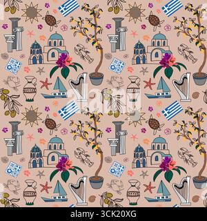 Greek seamless pattern with Mediterranean elements Stock Vector