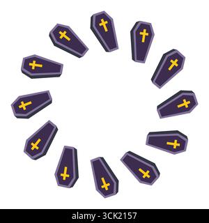 Round coffin frame. Halloween design. Isolated white background. Vector illustration in flat style. Stock Vector