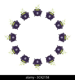 Round frame of potion cauldrons. Halloween design. Isolated white background. Vector illustration in flat style. Stock Vector