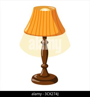 Table lamp with yellow lampshade and cozy warm light. Cartoon vector isolated illustration on white background. Stock Vector