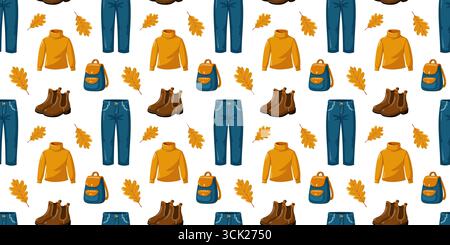 Seamless pattern with cartoon autumn clothes, jeans, sweaters and leaves. Vector foliage background.  Stock Vector