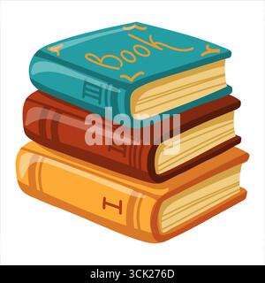Stack of three books in different colors. Cartoon vector isolated illustration on white background. Stock Vector