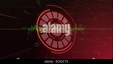 Central red circular HUD element glowing in interface display, with green waveform and data nodes Stock Photo