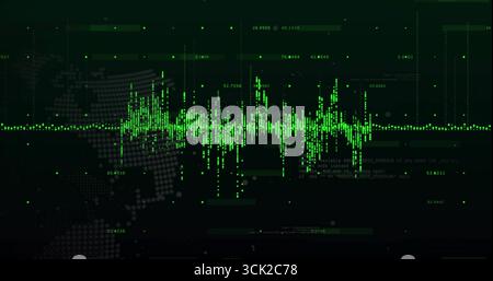 Displaying green waveform across console with grid lines, map silhouette and code fragments Stock Photo