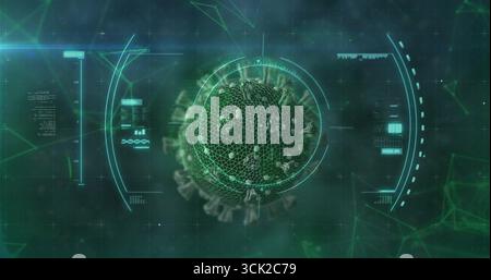 Visualizing green wireframe virus sphere floating within dark tech interface, with UI grid overlays Stock Photo