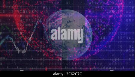 Rotating Earth globe showing data streams in tech grid, with binary code and red clusters Stock Photo