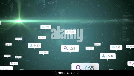 Floating notification bubbles displaying search envelope user icons in green starfield, with counts Stock Photo