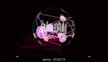 Glowing digital wireframe globe spinning in cyberspace, with floating profile icons, network lines Stock Photo