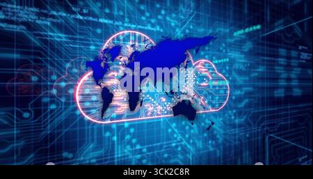 Glowing neon cloud icon showing data network on grid with nodes, world map and circuit traces Stock Photo
