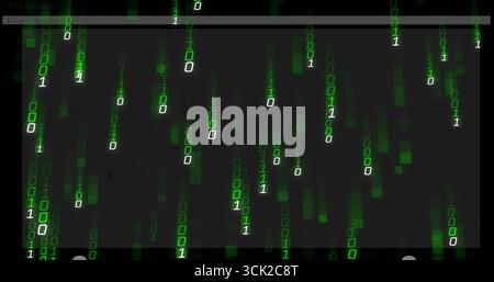 Displaying cascading green binary digits falling over gray terminal title bar, with progress bar Stock Photo