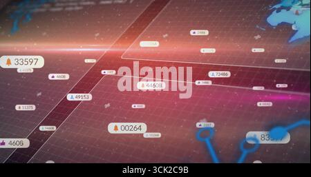 Displaying network grid showing glowing node connections on dashboard, with floating UI labels Stock Photo