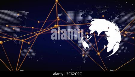 Displaying white Earth silhouette linking golden nodes and lines across dot-matrix map, copy space Stock Photo