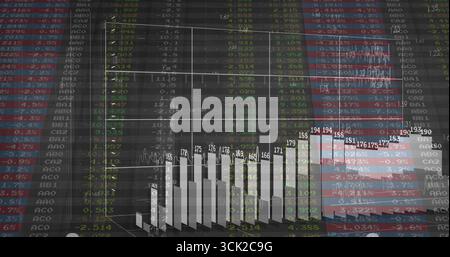 Displaying 3D bar chart rising on wireframe grid in virtual dashboard, with green red data columns Stock Photo