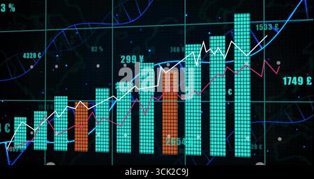 Displaying bar and line chart centered on virtual dashboard, with turquoise and orange columns Stock Photo