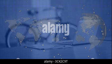Showcasing silver laptop open on desk in office, with notebook pen glasses bicycle, copy space Stock Photo