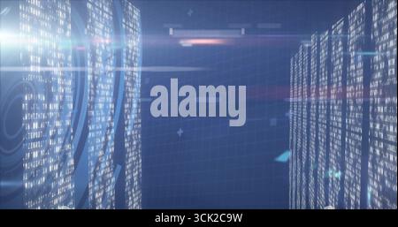 Virtual corridor featuring streaming code columns, circular data overlays, neon grid lines, flares Stock Photo