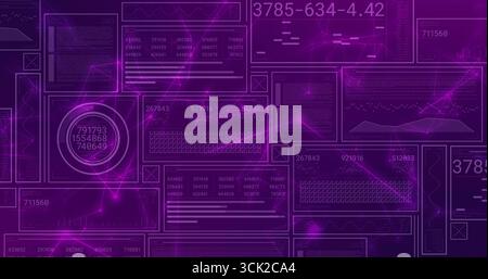 Displaying purple translucent panels in virtual interface, showing code blocks, data charts Stock Photo