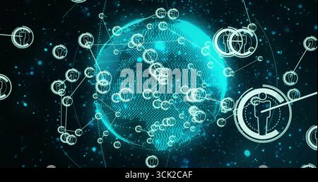 Displaying dotted globe rotating in cyberspace, with connected human icons and glowing nodes Stock Photo