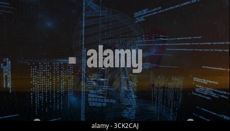 Rotating 3D wireframe DNA helix hovering above grid in virtual lab, with floating code snippets Stock Photo