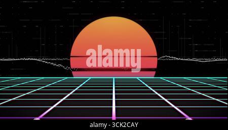 Glowing gradient semi-circular sun rising in retro futuristic landscape, with neon grid plane Stock Photo