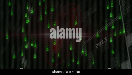 Cascading green binary streams flooding code background, with red circuit design and 2015 text Stock Photo