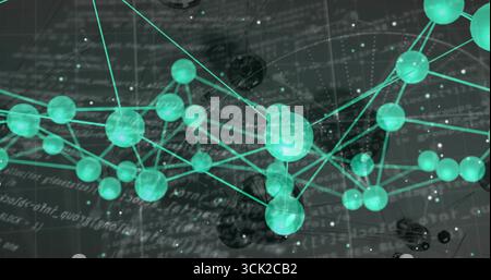 Floating abstract network hovering over dark canvas, with teal spheres, thin lines and code text Stock Photo