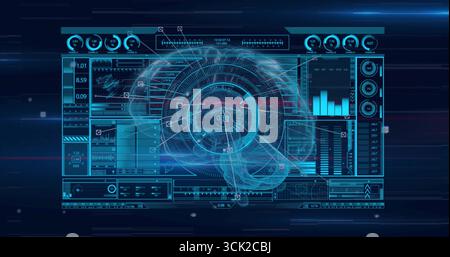 Projecting translucent 3D holographic brain over virtual interface, with HUD panels and dials Stock Photo