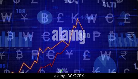 Dashboard displaying rising orange and red graphs on screen, with bars, pie chart, currency symbols Stock Photo